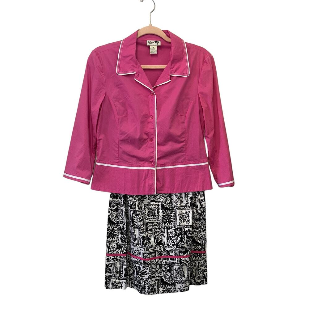 Island Republic Dress Set Size 8‎ Black White Print Sundress Pink Jacket 2-Piece